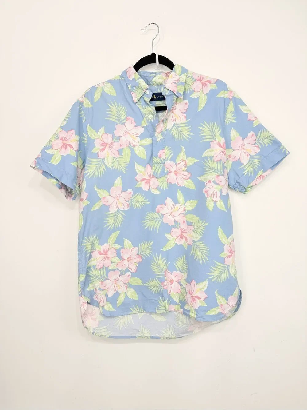 Ralph Lauren Light Blue Tropical Print 100% Cotton Short Sleeve Pullover Shirt